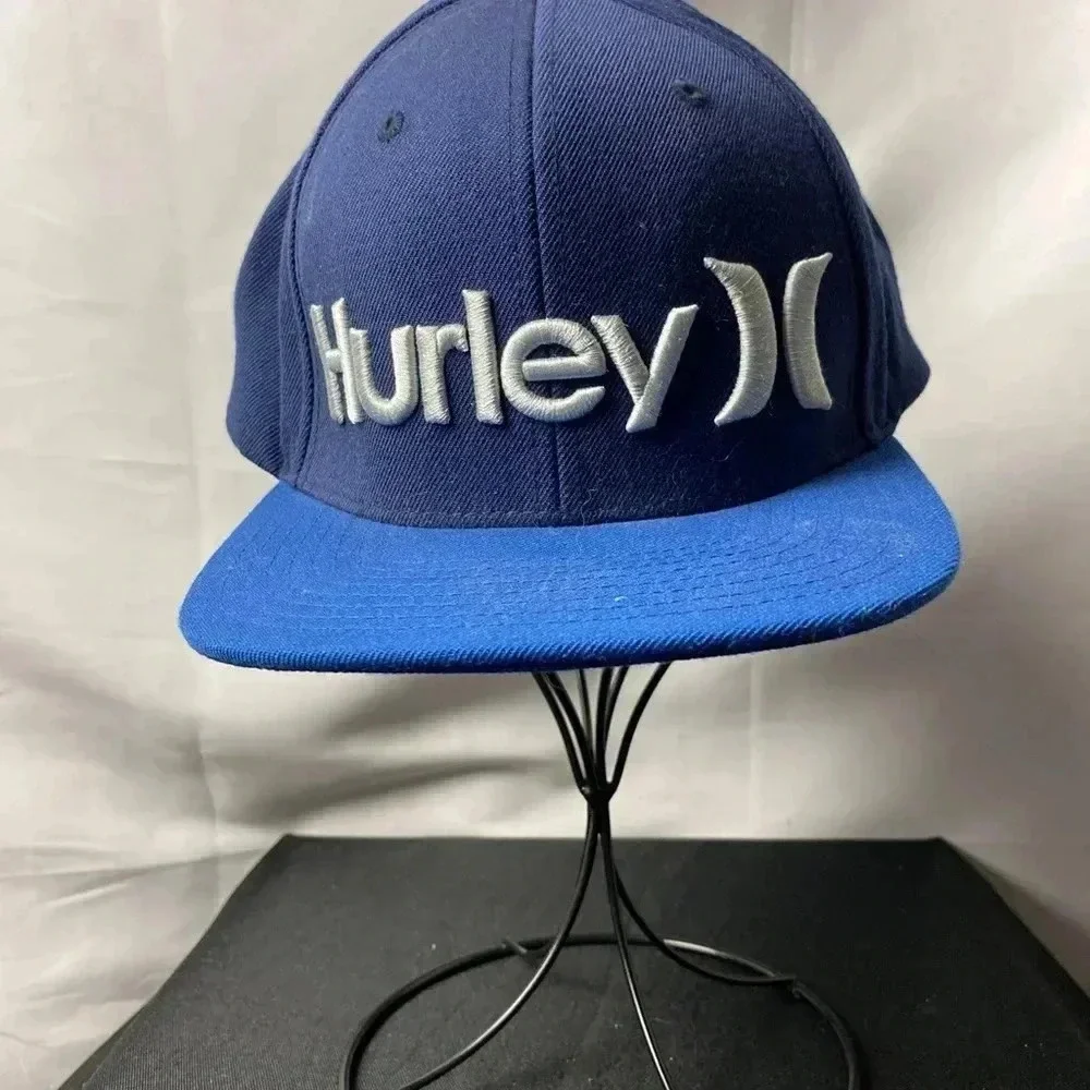 HURLEY‎ MENS HAT BLUE HAT EMBROIDERED WHITE HURLEY DESIGN SNAPBACK WOOL BLEND